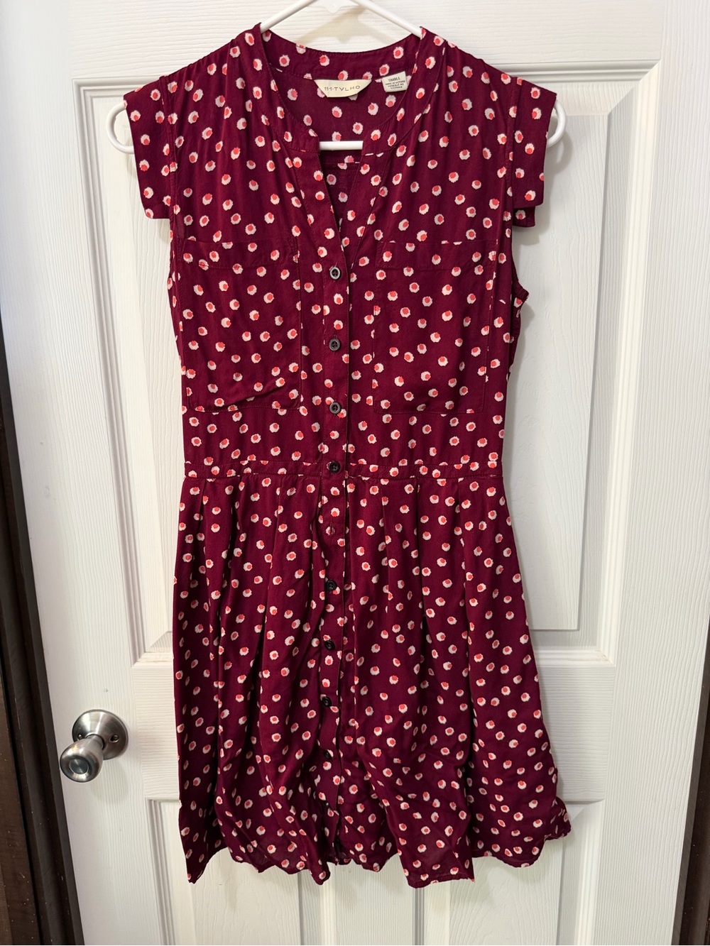 Anthropologie TYLHO Burgandy & White Polka Dot West Side Street Dress Sz S - Picture 2 of 8